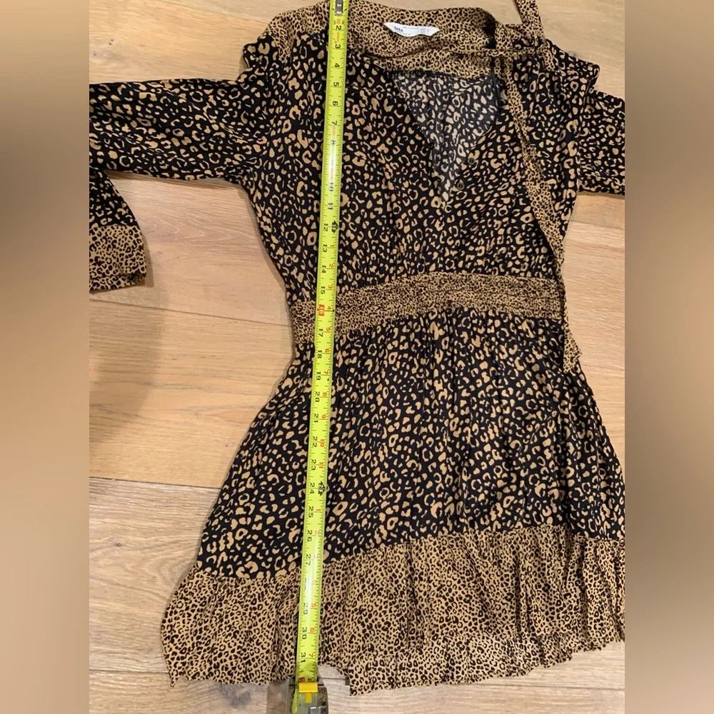 ZARA Leopard Print Festival Boho Date Night Long Sleeve Dress Tan Black Size M - Picture 5 of 8